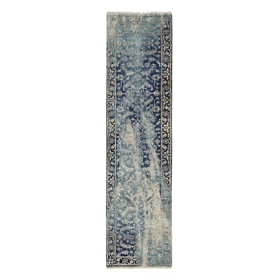 2'7''x10' Blue-Teal Erased Wool And Silk Hand Knotted Heris Runner Rug R64356