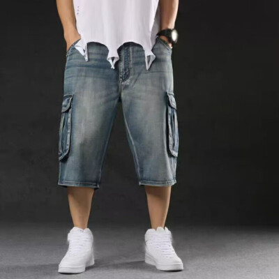 Fashion Mens Denim Cargo Pants Loose Work Shorts Size 30-44 Hip