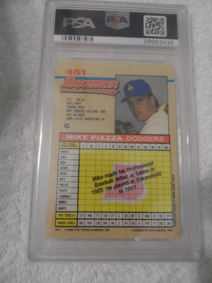 Tarjeta de novato Bowman Mike Piazza 1992 patio de los Dodgers de Los Ángeles #461 RC PSA 10 Foto 2 de 2