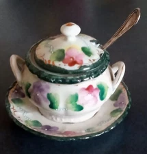 Tea Set's Floral Sugar Bowl with Lid and Original Spoon Made in Japan