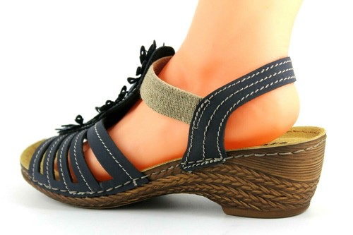 Inblu Womens UK 5 EU 38 Navy Blue Floral Decor Wedge Heel Summer Sandals Shoes - Picture 2 of 6