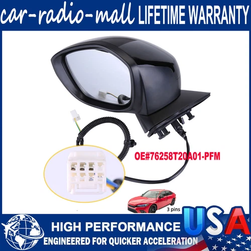 New For Honda Civic 2022 2023 3 pins Power Adjust Black Mirror Left Driver Side