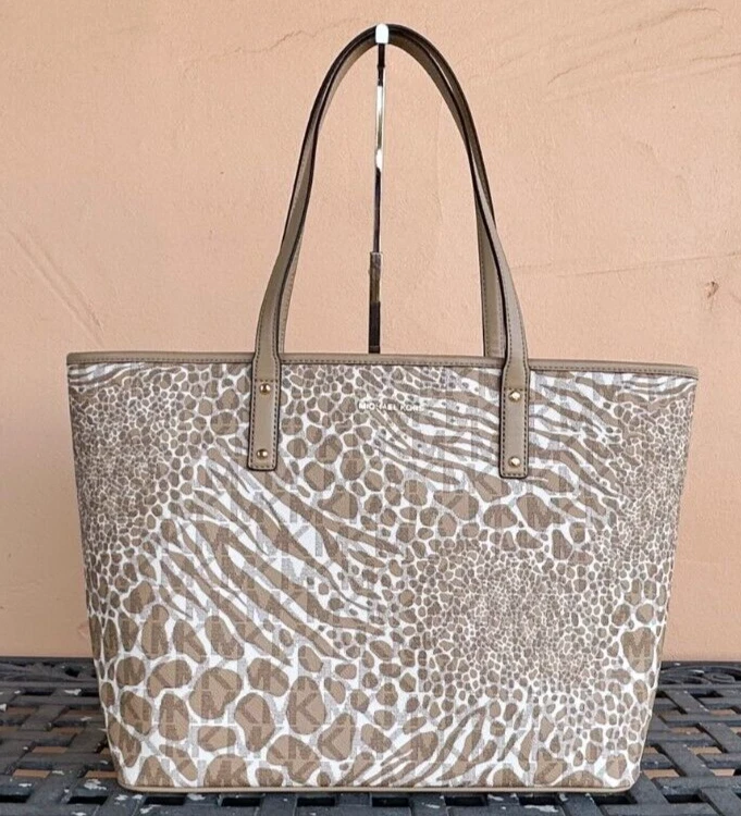 BOLSO DE MANO MICHAEL KORS CARTER GRANDE ABIERTO AL HOMBRO MK ESTAMPADO CEBRA CAMEL MULTI