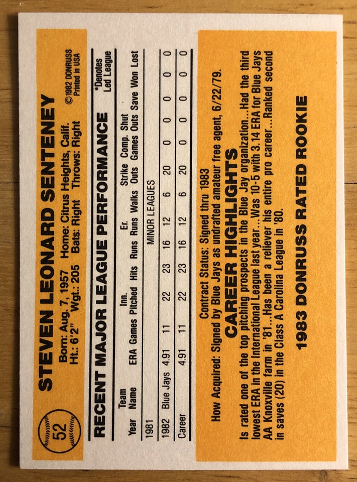 1983 Donruss Steve Senteney Baseball Card #52 Blue Jays High-Grade NM O/C - Image 2 of 2