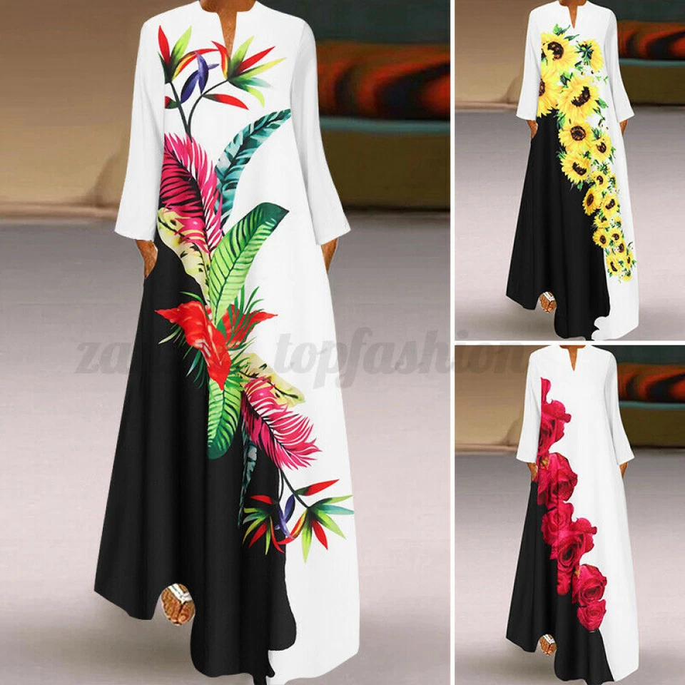 Vestido de festa feminino noite vintage estampa floral Kaftan solto longo maxi camisa vestido - Imagem 2 de 4