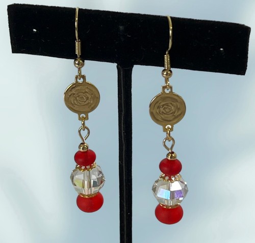 Crystal Red Bead Necklace Coin Link Gold Tone Chain 24" & Dangle Earrings 2" Set - Picture 4 of 6
