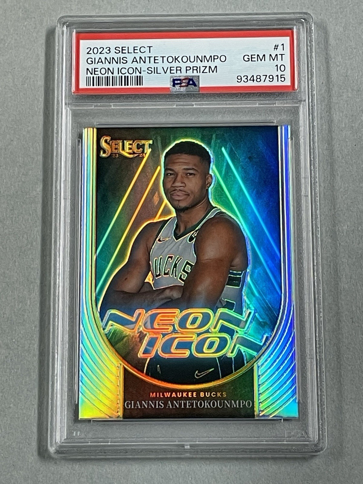 2023-24 Panini Select Neon Icon Silver Prizm Giannis Antetokounmpo #1 PSA 10