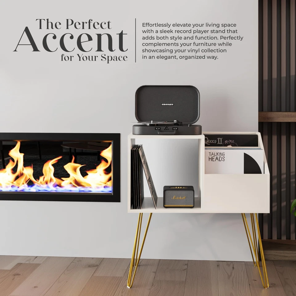 Elegant Wooden Record Player Stand with Vinyl Storage 2-Tier (White), Modern ... - Image 2 of 4