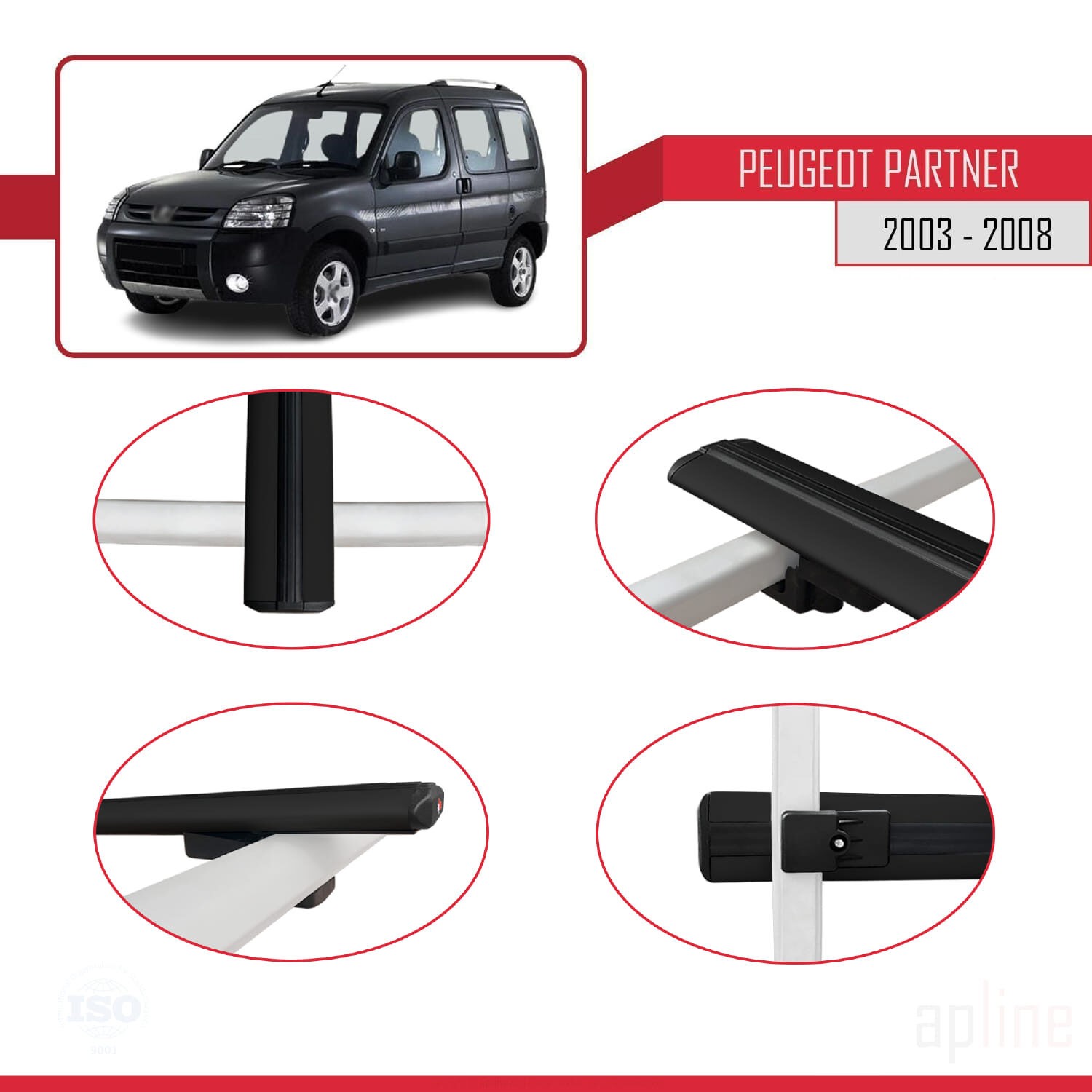 4 Barres de Toit Noires pour Peugeot Partner 2003-2008 Modèle Basic - 4