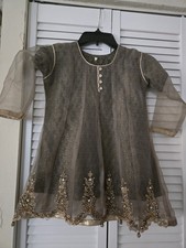 6-8 Year Old Cute Girl 3 Pieces brown and gold color Kameez Shalwar Pakistani In