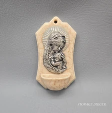 VTG Italian Faux Marble Jesus & Mary Religious Holy Water Font Wall Hanging