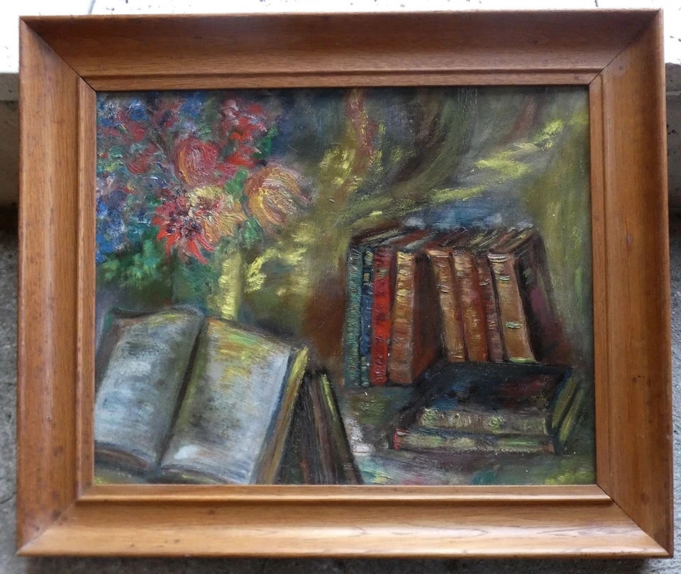 BELLE NATURE-MORTE IMPRESSIONNISTE 1930..LIVRES & BOUQUET DE FLEURS "VANGOGHIEN" - Photo 3/4