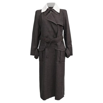 Fendi Gingham Double-Breasted Coat In Brown Wool Women Ochre Size 40