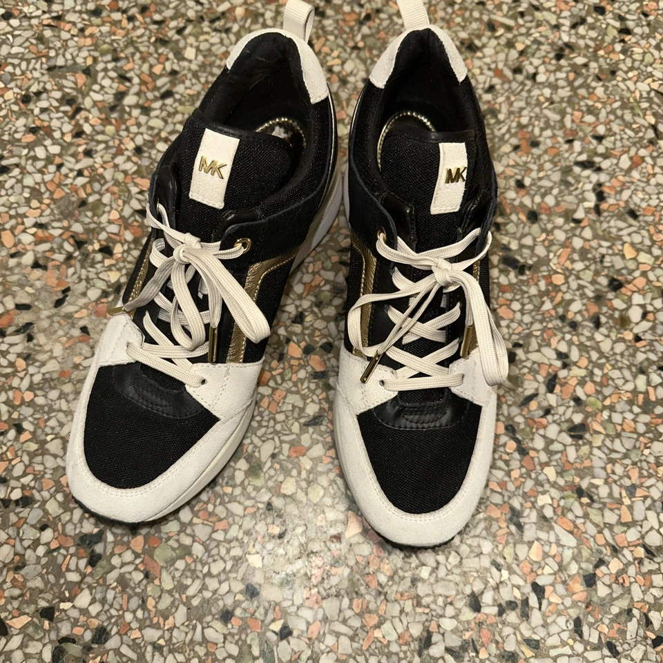 Michael Kors Womens Black Georgie Trainer Sneakers Size 9M Leather Wedge - Image 2 of 4