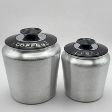 Vintage Kromex Spun Aluminum Coffee Tea Canisters with Black Lids
