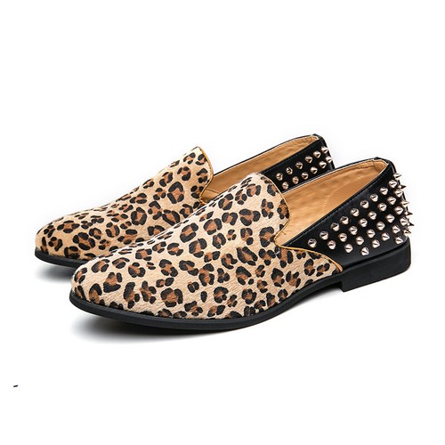 Mens Leopard Loafers Shoes Rivet Slip 