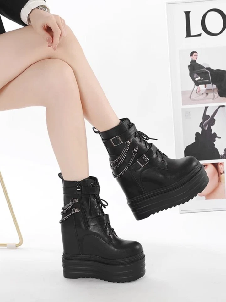 Tacones de cuña altos de 15 cm con plataforma para mujer Botines Hebilla Cadenas Cremallera lateral Con cordones Foto 4 de 4