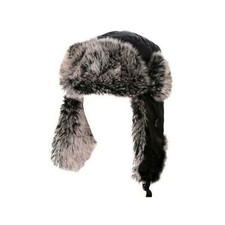 Trapper Hat Nylon Russian Style Brown Faux Fur Trim Winter Warm Black 59cm