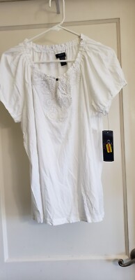 CHAPS White V-Neck Blouse, Short Sleeve, Womens, Size 1X, 1XG, Embroidered, NWT