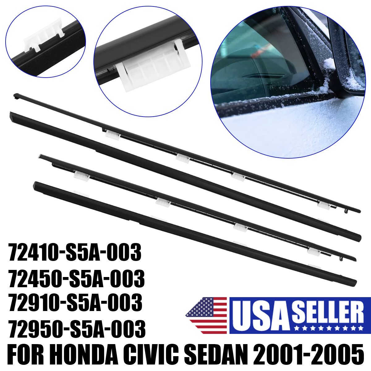 4PCS Weatherstrip Window Seal 72410-S5A-003 for 2001-2005 Honda Civic 4 Door DX