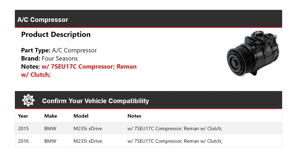 Compresor de aire acondicionado para BMW M235i xDrive 2015-2016 4 estaciones Foto 2 de 3