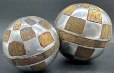 DECORATIVE BALL PAIR METAL PEWTER OR SILVER WOOD MOSAIC ARTS CRAFTS HOME DECOR