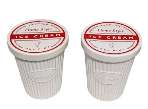 2 Williams-Sonoma ICE CREAM Containers w/ Lids Homestyle Ceramic Ribbed 1 Pint  - Afbeelding 1 van 7