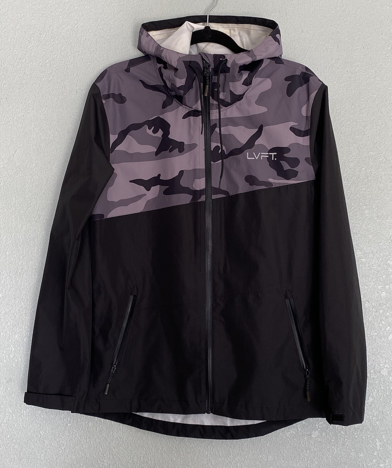LVFT Men's Small Black Camo Windbreaker Hooded Rain Jacket - Lightweight & Waterproof  