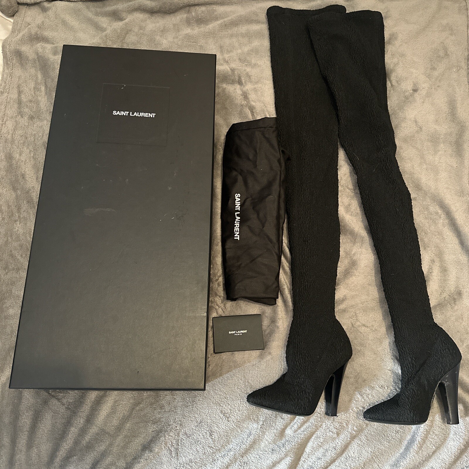 Stivali Saint Laurent Nero Tessuto Pitone Elasticizzati Sopra il Ginocchio 110 EU 37