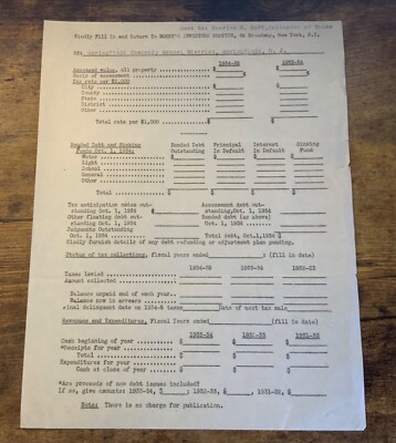 Vintage 1934 Moody's Investors Service Springfield Township School District NJ