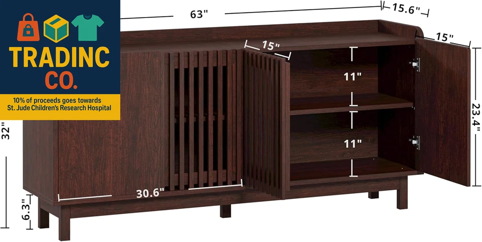 Mueble buffet Mid-Century con puertas de rejilla y estantes ajustables en nogal Foto 2 de 4