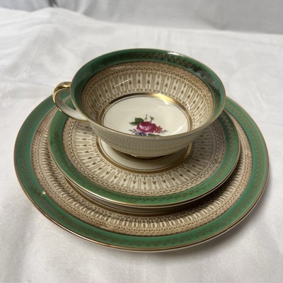 Royal Bayreuth & Konigl Pr Tettau Cup Saucer Plate Trio Set Green Gold Trim Rose
