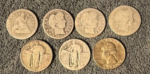 Seared Liberty Barber Standing Liberty Washington Silver Quarter Lot Of 7 Coins