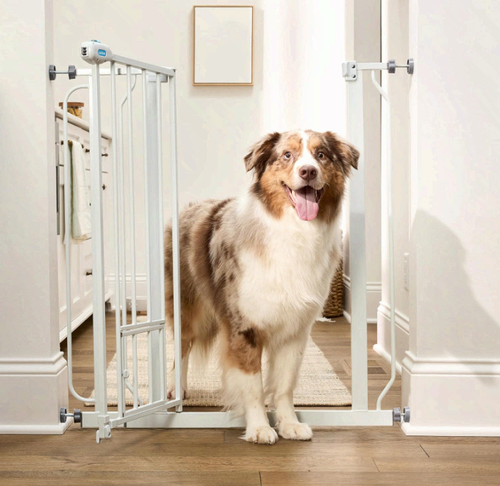 36" Extra Tall Walk Through Dog Gate | Metal Pet Gate w/ Small Door, White - Picture 5 of 11