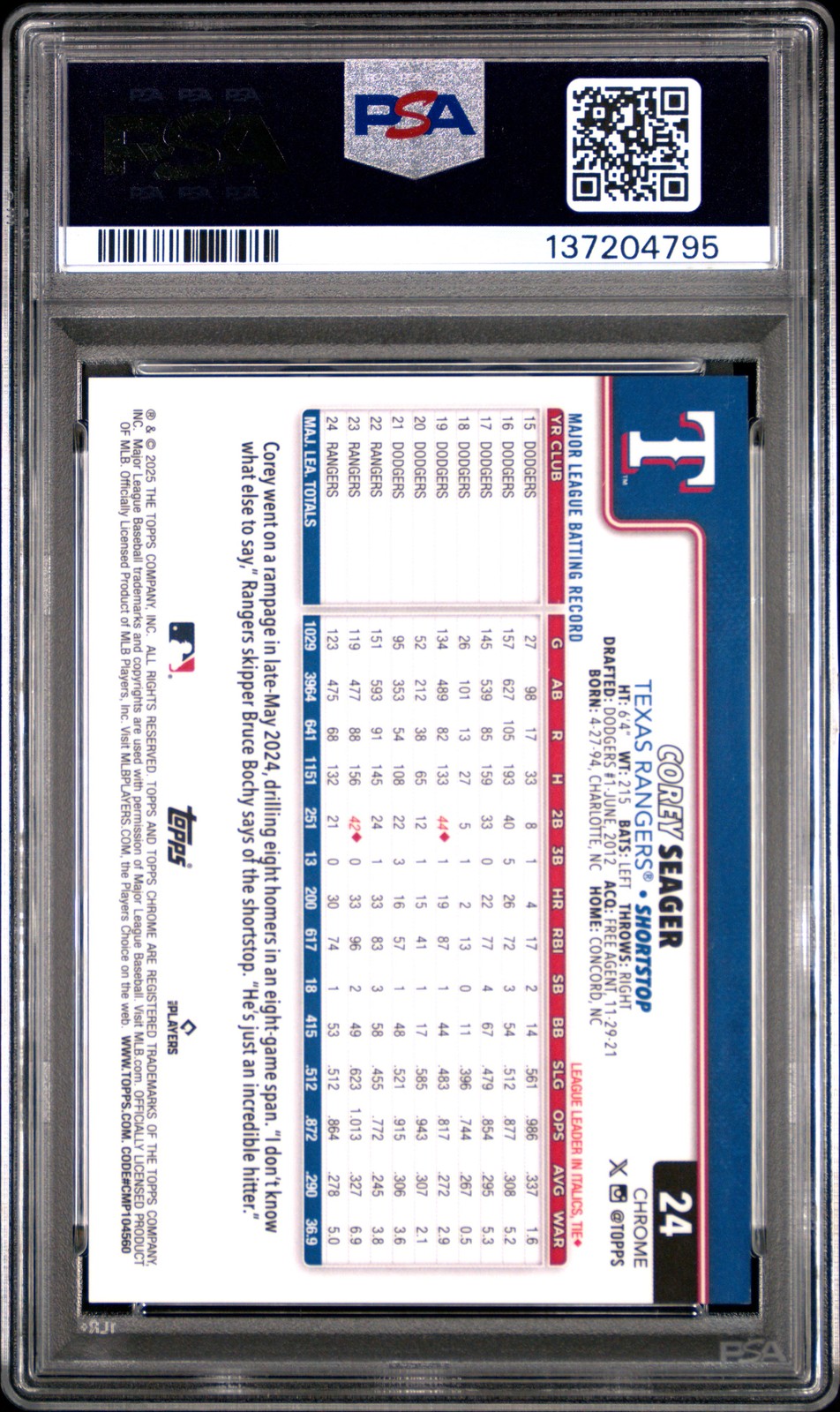 2025 TOPPS CHROME SAPPHIRE VARIATION-GOLD #24 COREY SEAGER 30/50 PSA 10 view 2
