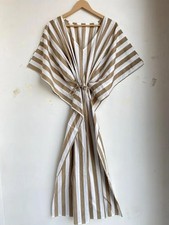 Indian Cotton White & Brown Stripe Kaftan Dress Women's Clothing Kaftan Dress US
