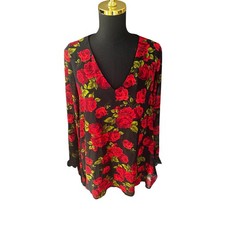 Forever 21 Black & Red Rose Bell Sleeve Dress with Lace, Size Small