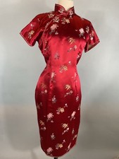 Vintage Lipstick Red Silk Cheongsam Qipao Dress Silk Hand Stitched Luxury Large