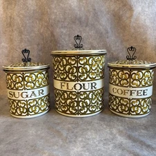 GEORGES BRIARD Canisters Sugar Flour Coffee Vintage MCM Enamelware Gold Scroll