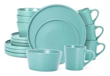Plates and Bowls Sets for 4 -  16 Piece Stoneware Service for 4(16pcs) Green
