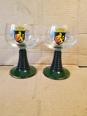 Ramstein  Crest Germany Glass Goblet Gold Gilt Rimmed Green Wine Replacement