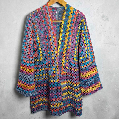 Granny Square Häkeln Jacke Cardigan Crochet Knit Hexagon Boho Hippie Strickjacke