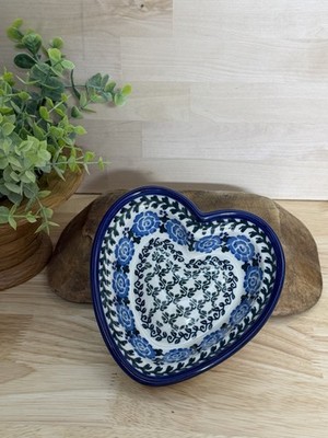 Polish Pottery Ceramika Artystyczna BLUE ROSE 5.5'' Heart Bowl Unikat Boleslawiec