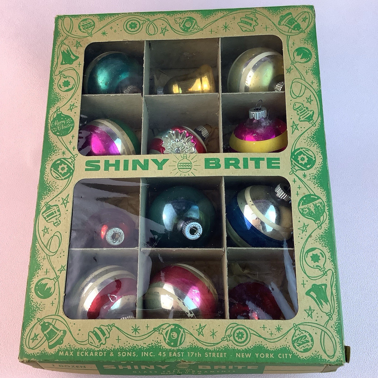 Vintage SHINY BRITE Mercury Glass Assorted Ornaments-Original Shiny Brite Box-12