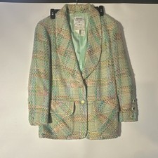 CHANEL Boutique Plaid 1993 Blazer Gold Trim Logo Buttons Mint Pink Vintage 42
