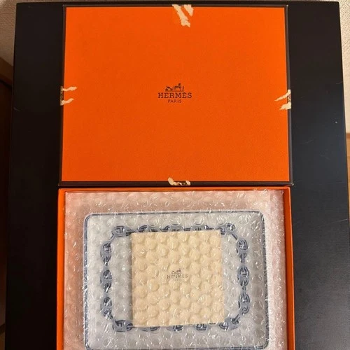 HERMES PARIS Porcelain Change Tray Plate CHAINE D'ANCRE BLUE 16 x 12cm box