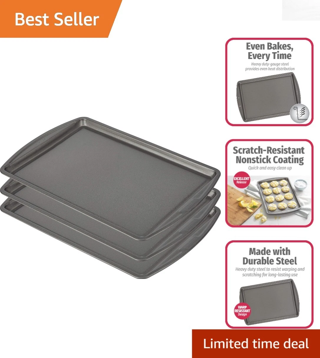 Nonstick 3-Piece Baking Sheet Set - 13” x 9” Carbon Steel Pans