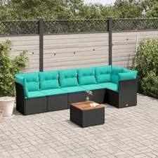 7 Piece Patio Sofa Set with Cushions Black Poly Rattan