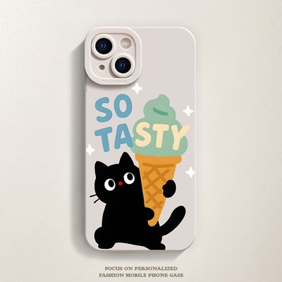 Cute Black Cat Holding Mint Ice Cream Letter Print TPU Case For iPhone 11 to 17