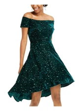 MORGAN & CO Womens Green Hem, Velvet Short Sleeve Dress 1